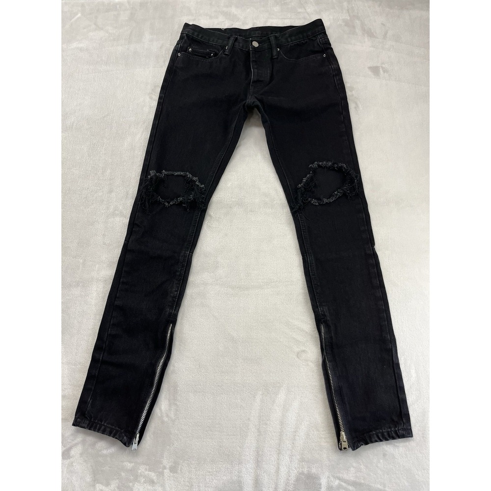 MNML Jeans Men 28x30.5 Black Wash Denim Slim Fit Distressed Button Fly Ankle Zip